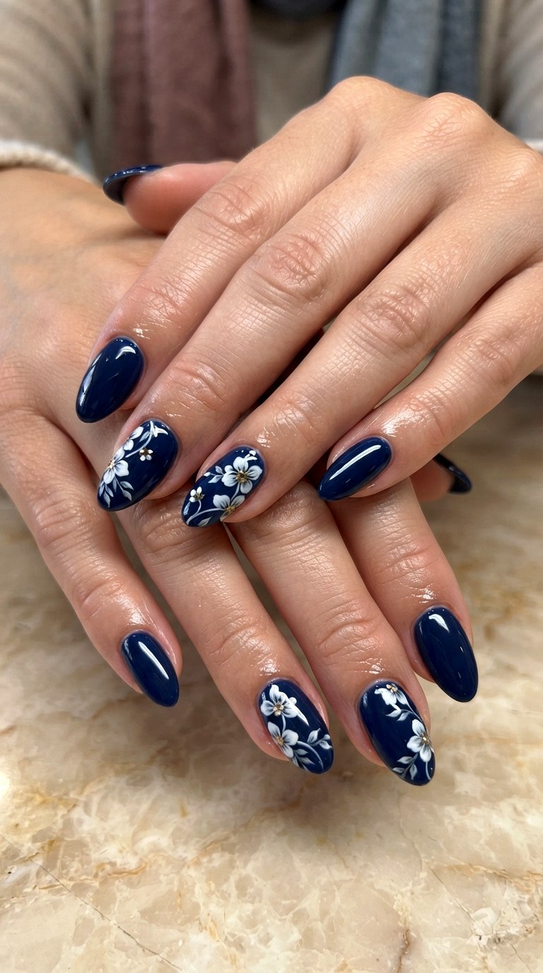 Navy Blue Floral Accents - 22 dark blue nail design ideas