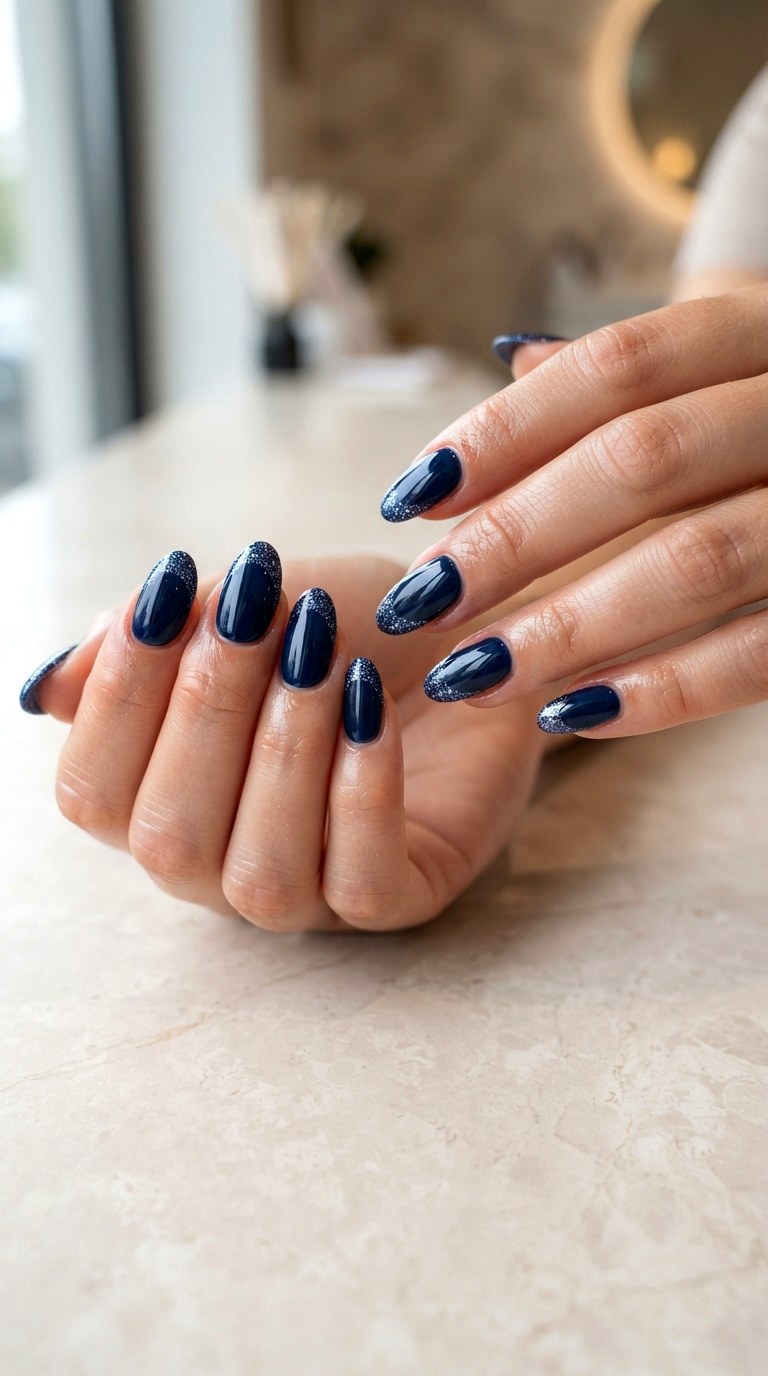 Navy Blue Glitter French - 22 dark blue nail design ideas