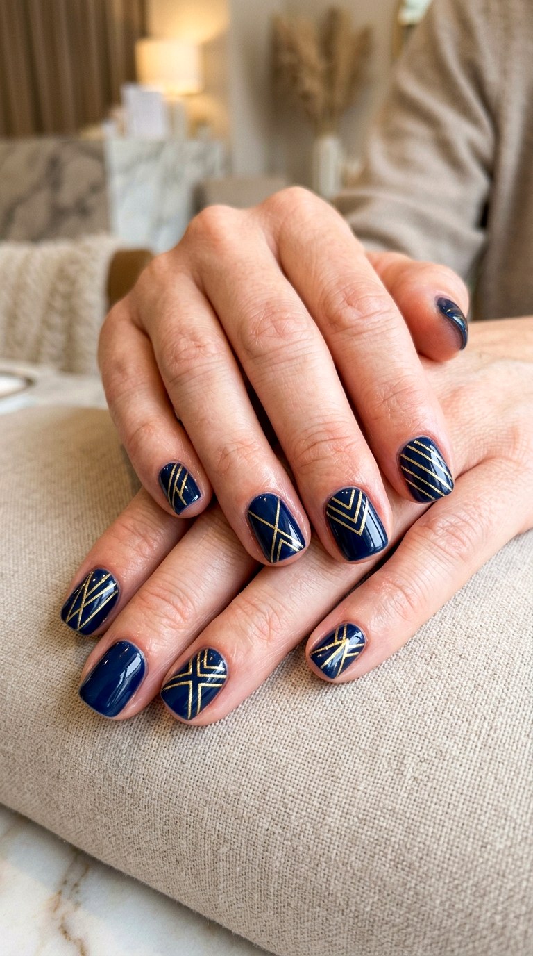 Navy Blue Gold Lines - 22 dark blue nail design ideas
