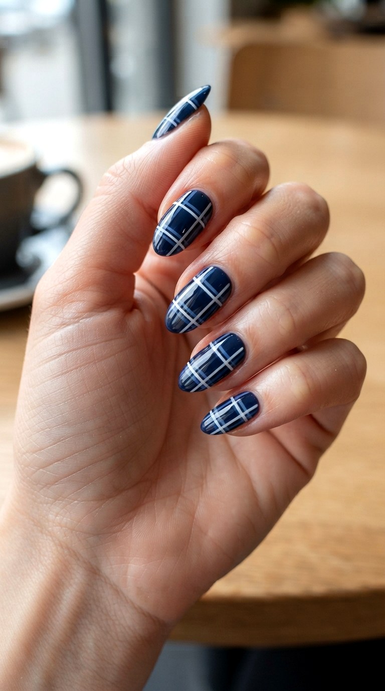 Navy Blue Plaid Nails - 22 dark blue nail design ideas