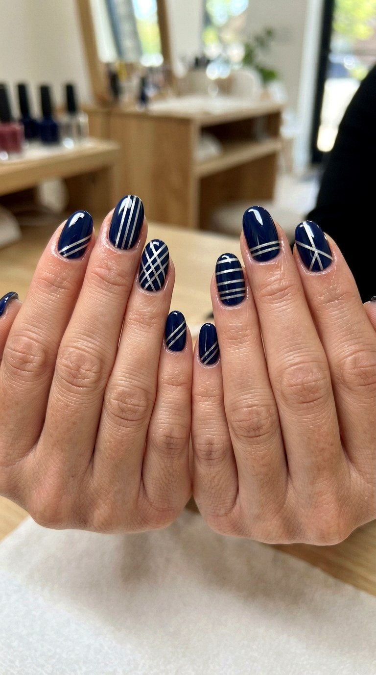 Navy Blue Silver Stripes - 22 dark blue nail design ideas