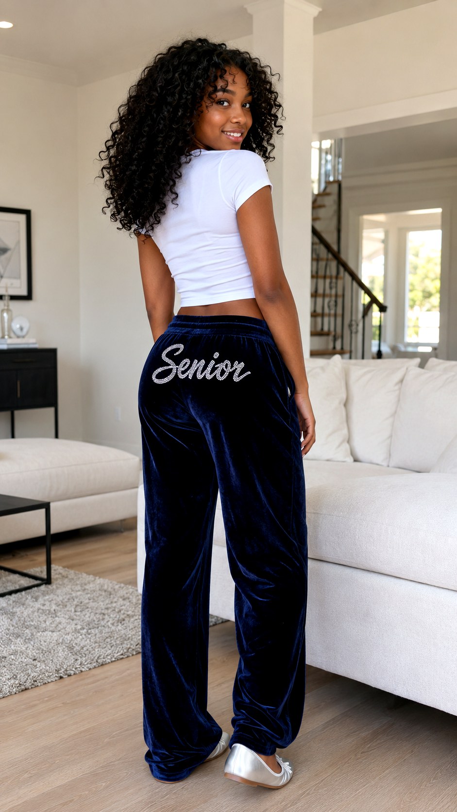 Navy Blue Velvet and Silver Accents - 25 varsity font stenciled senior pants