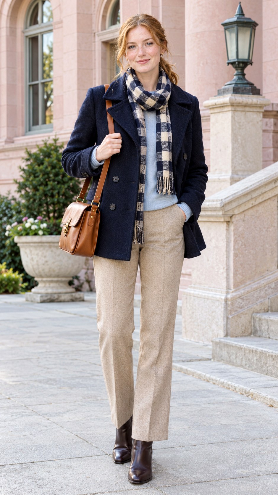 Navy Peacoat With Beige Wool Trousers - 20 warm autumn outfits