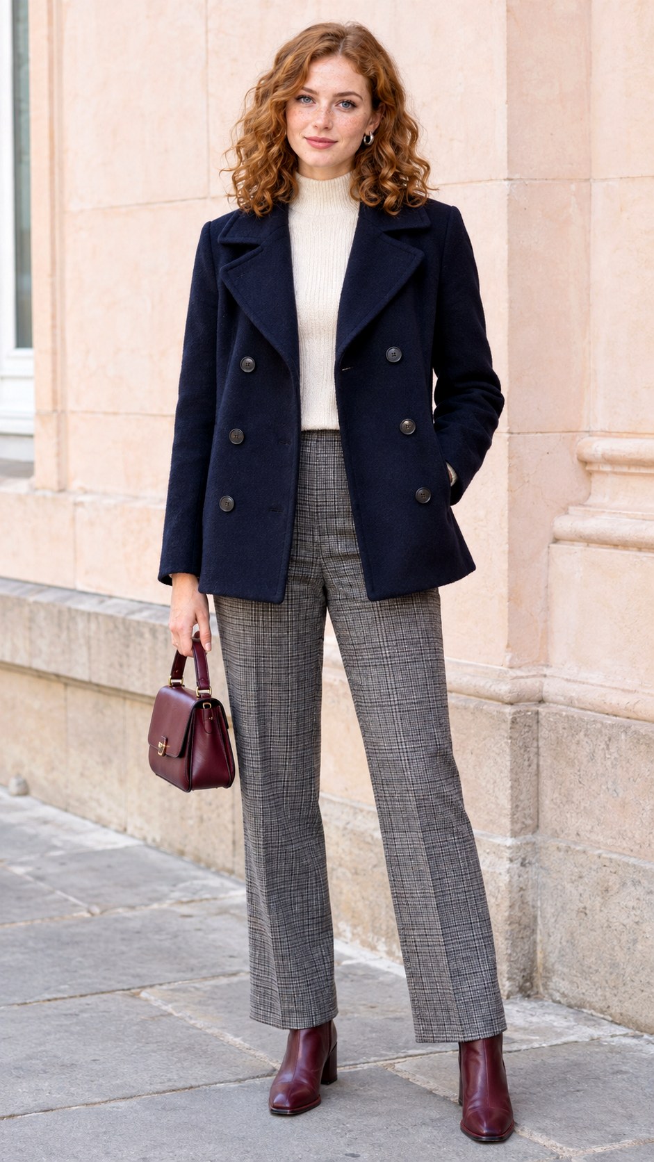 Navy Peacoat With Plaid Trousers - 20 autumn aesthetic outfit ideas