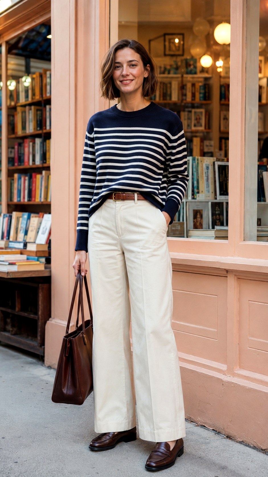 Navy Striped Sweater With Cream Trousers - 20 fall capsule wardrobe ideas