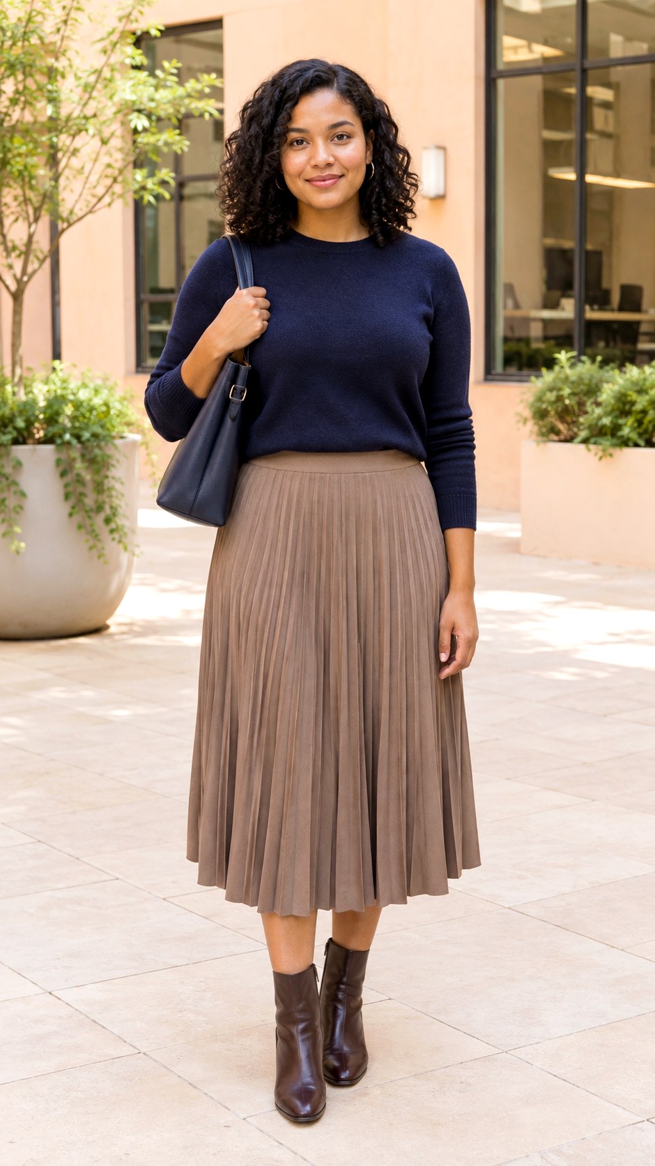 Navy Sweater With Pleated Midi Skirt - 20 fall business casual outfits
