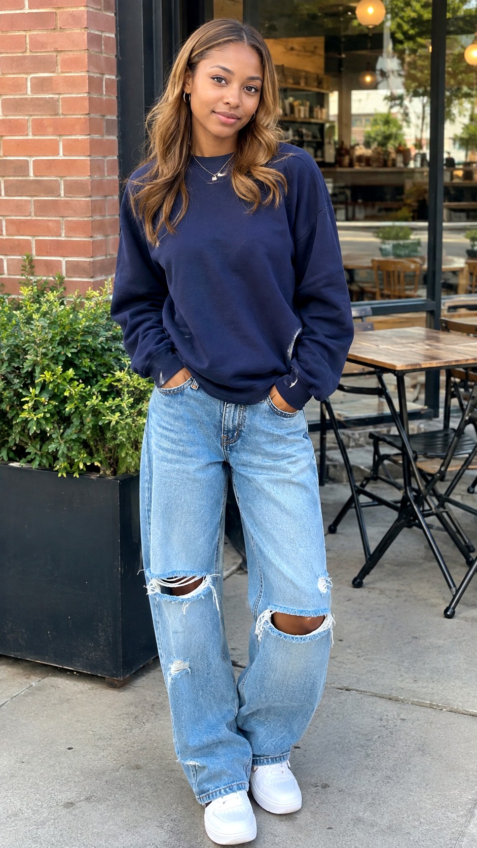 Navy Sweatshirt With Ripped Boyfriend Jeans - 21 jeans and sweatshirt outfit ideas