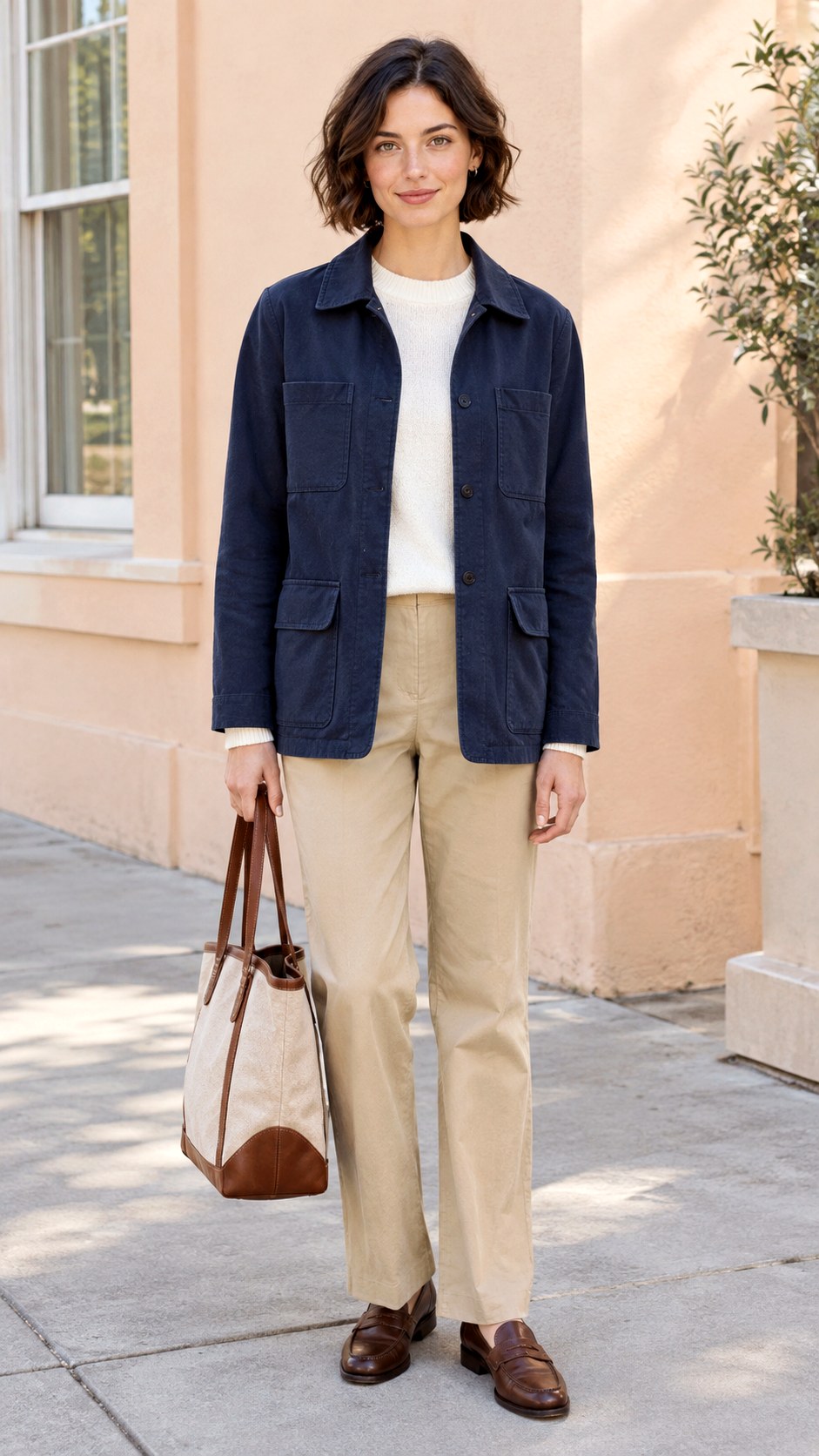 Navy Utility Jacket With Beige Trousers - 20 fall jackets outfit ideas
