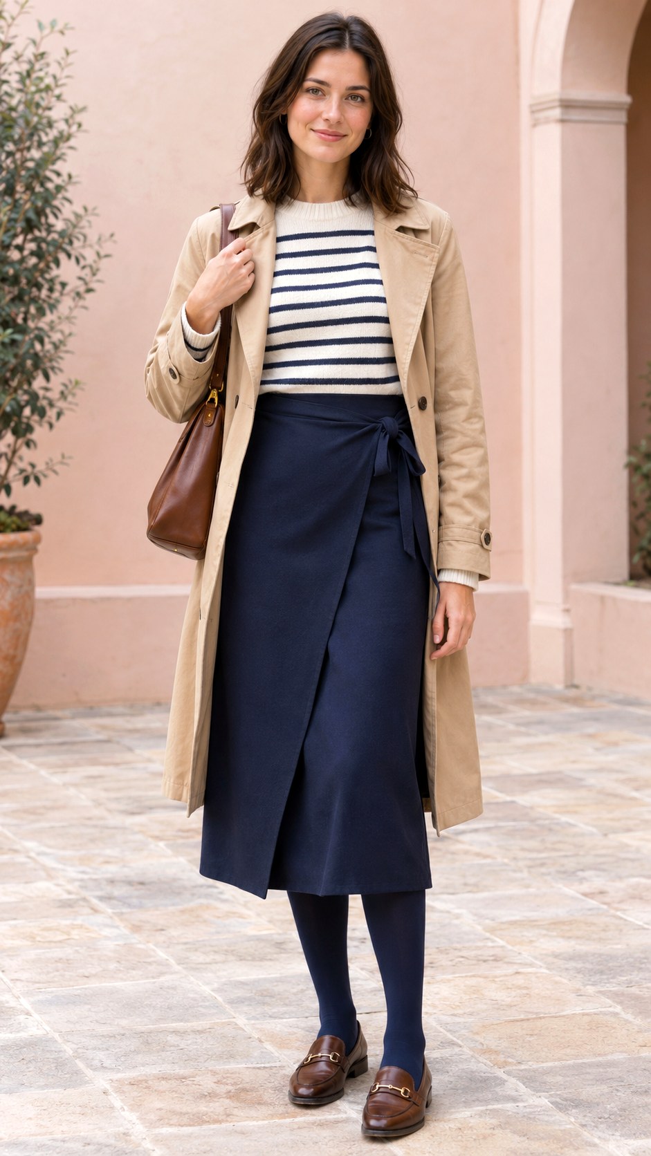 Navy Wrap Skirt With Striped Sweater - 20 fall skirt outfits