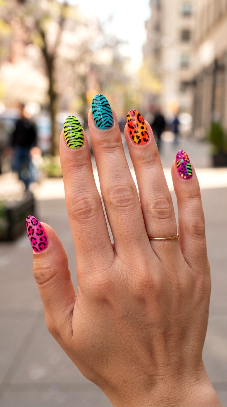 Neon Animal Print Mix - 25 brigh spring funky nail ideas