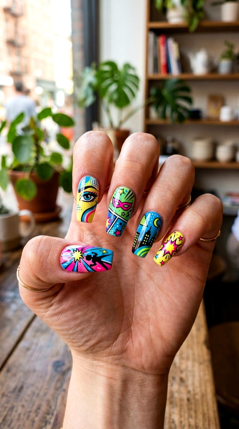 Neon Comic Panel Nails - 20 Y2K comic nails design ideas