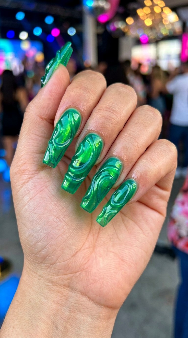 Neon Emerald Ripple Waves Nails - 23 3d green ripple nail art inspiration ideas