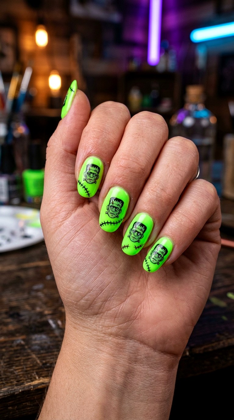 Neon Frankenstein Monster Nails - 21 halloween nail inspo ideas