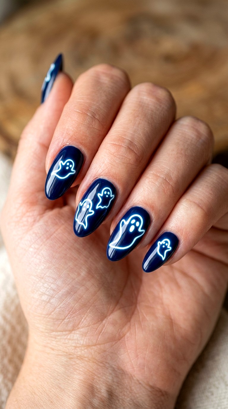 Neon Ghost Outline Nails - 25 short halloween nail ideas