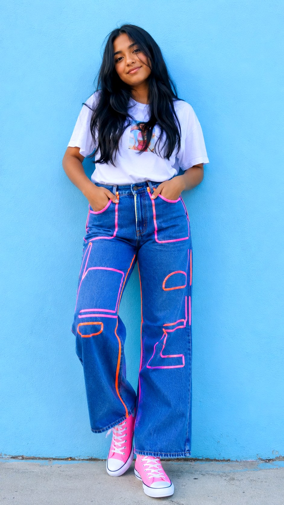 Neon Graphic Outline Jeans - 24 acrylic painted wide leg jeans ideas