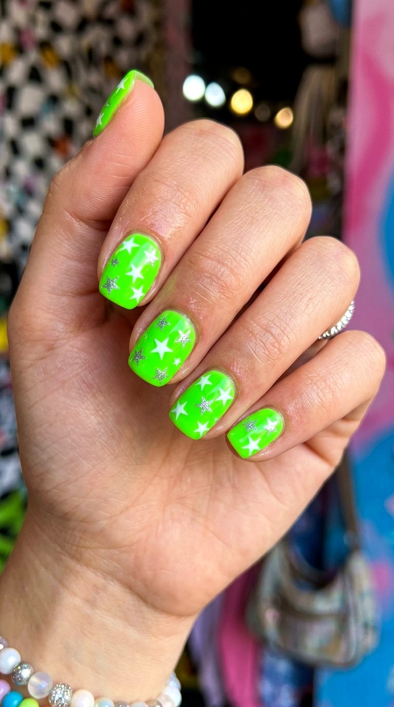 Neon Green Star Nails - 24 y2k star short nail ideas