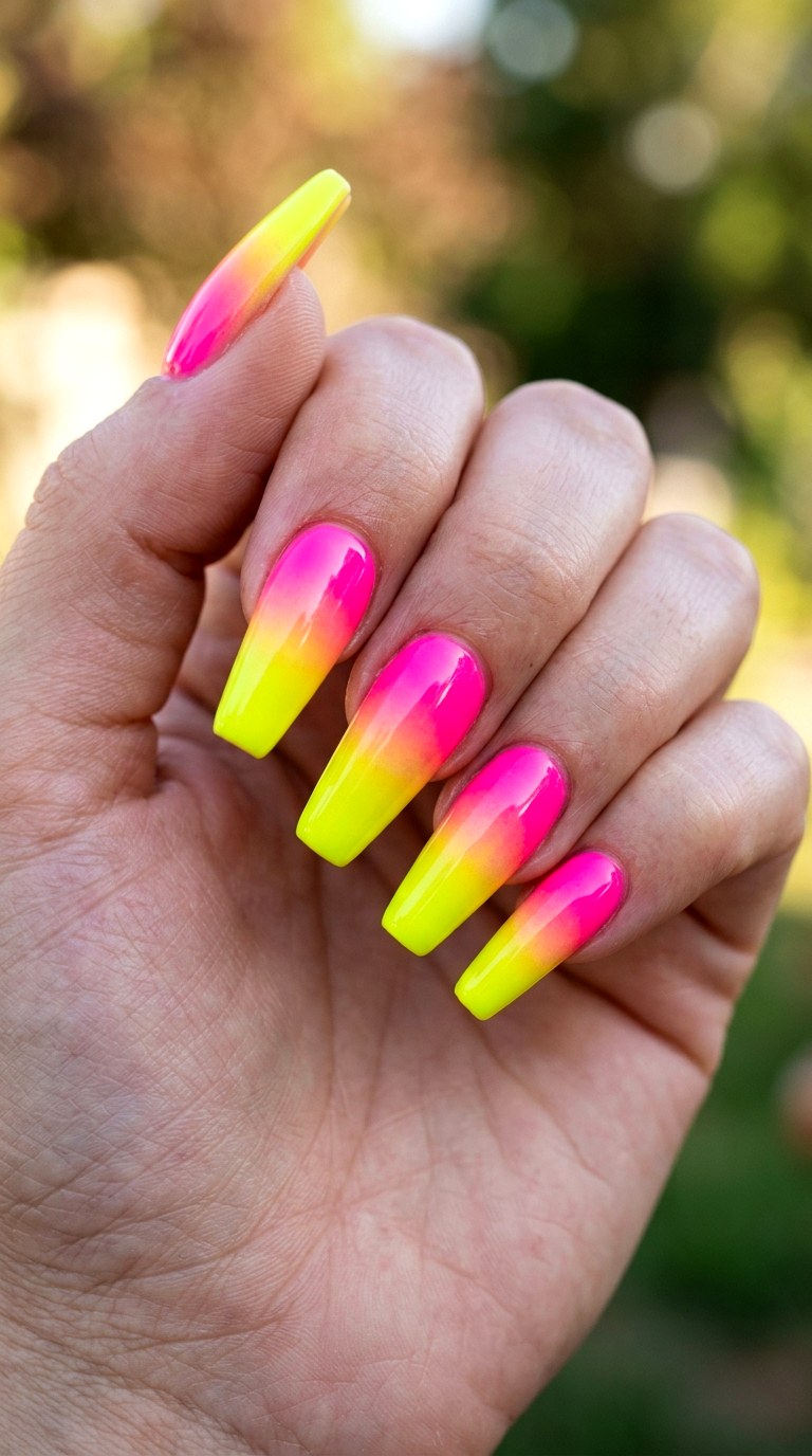 Neon Pink Yellow Gradient Nails - 23 yellow pink Summer nail ideas