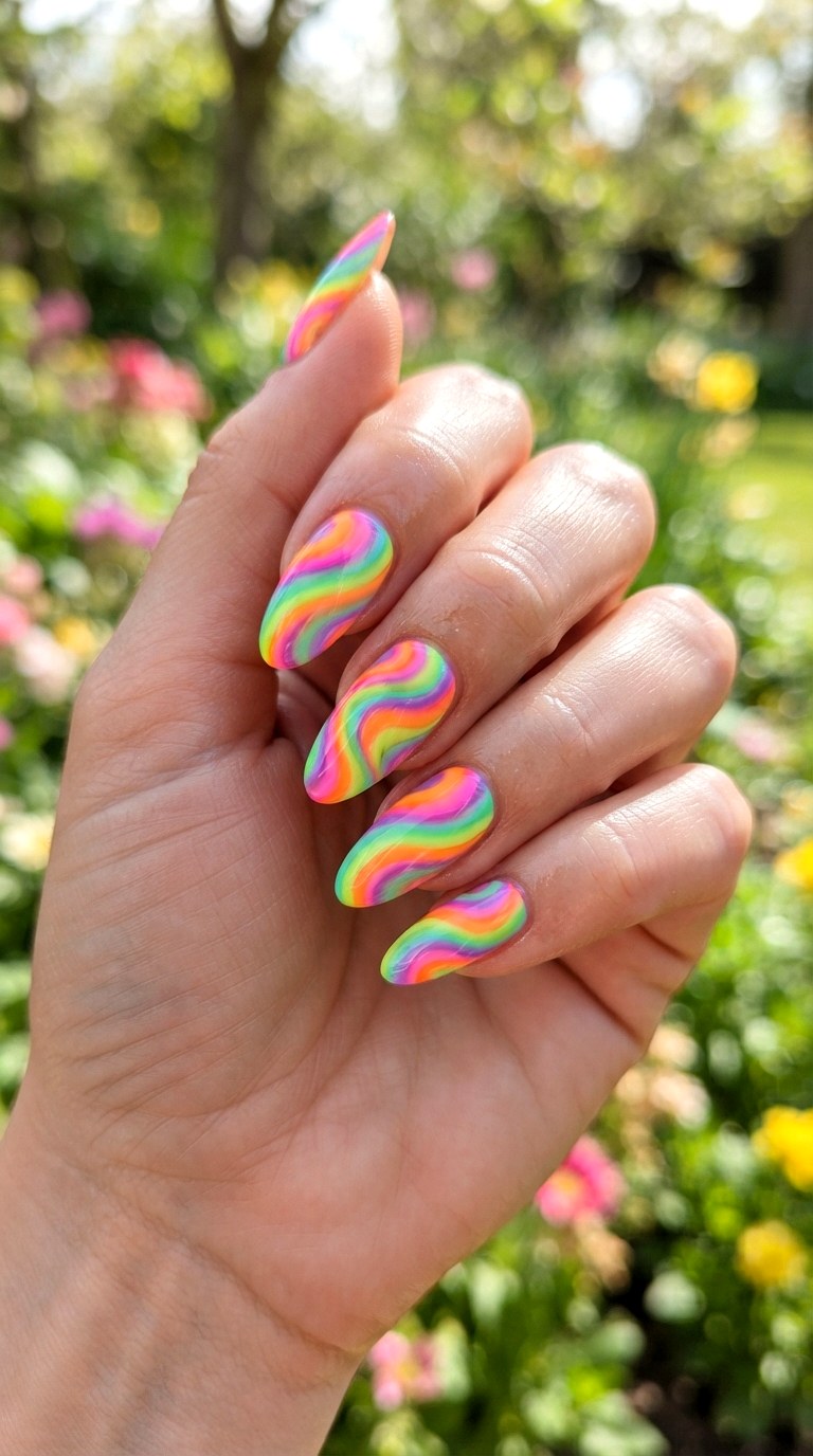 Neon Rainbow Swirl Nails - 25 brigh spring funky nail ideas