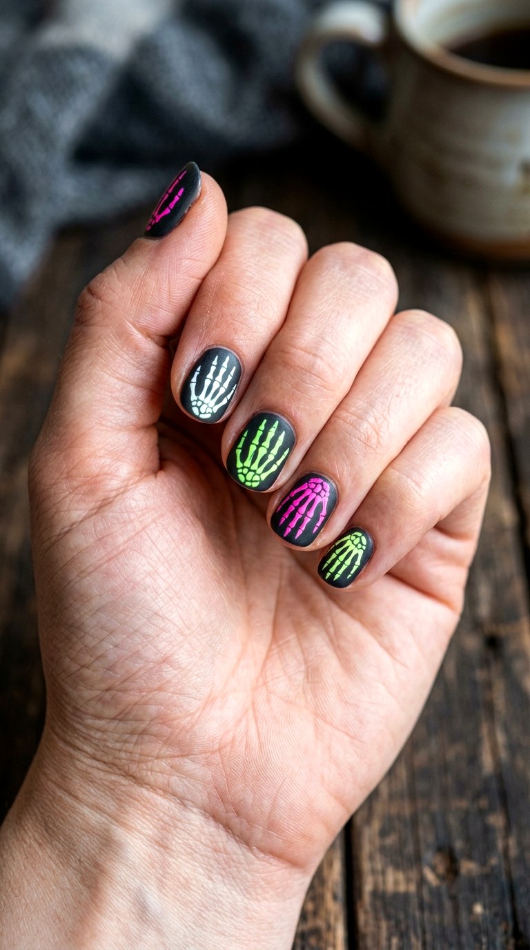 Neon Skeleton Hands Short Nails - 25 short halloween nail ideas