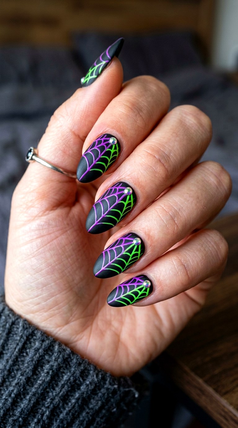 Neon Spiderweb Halloween Nails - 20 halloween nail art ideas