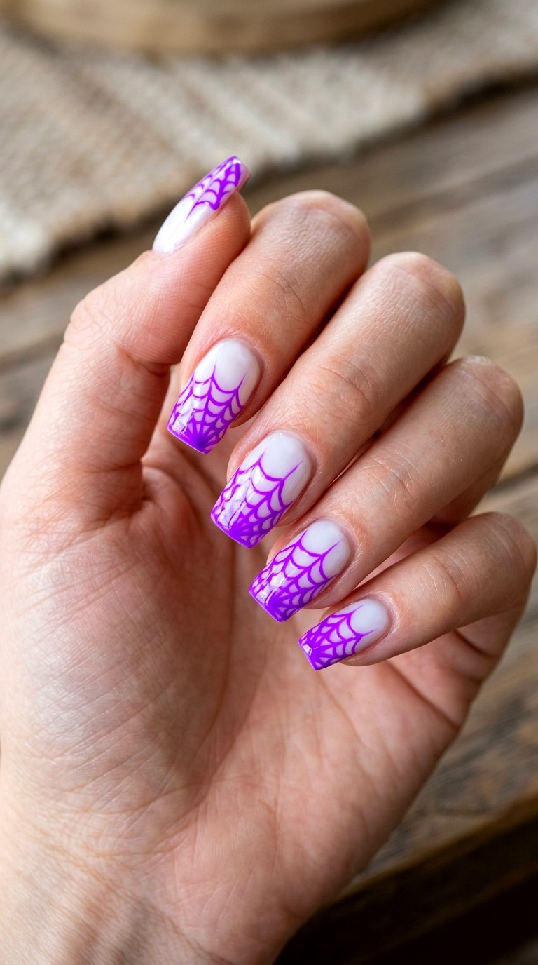 Neon Spiderweb Tip Nails - 23 simple halloween nail design ideas