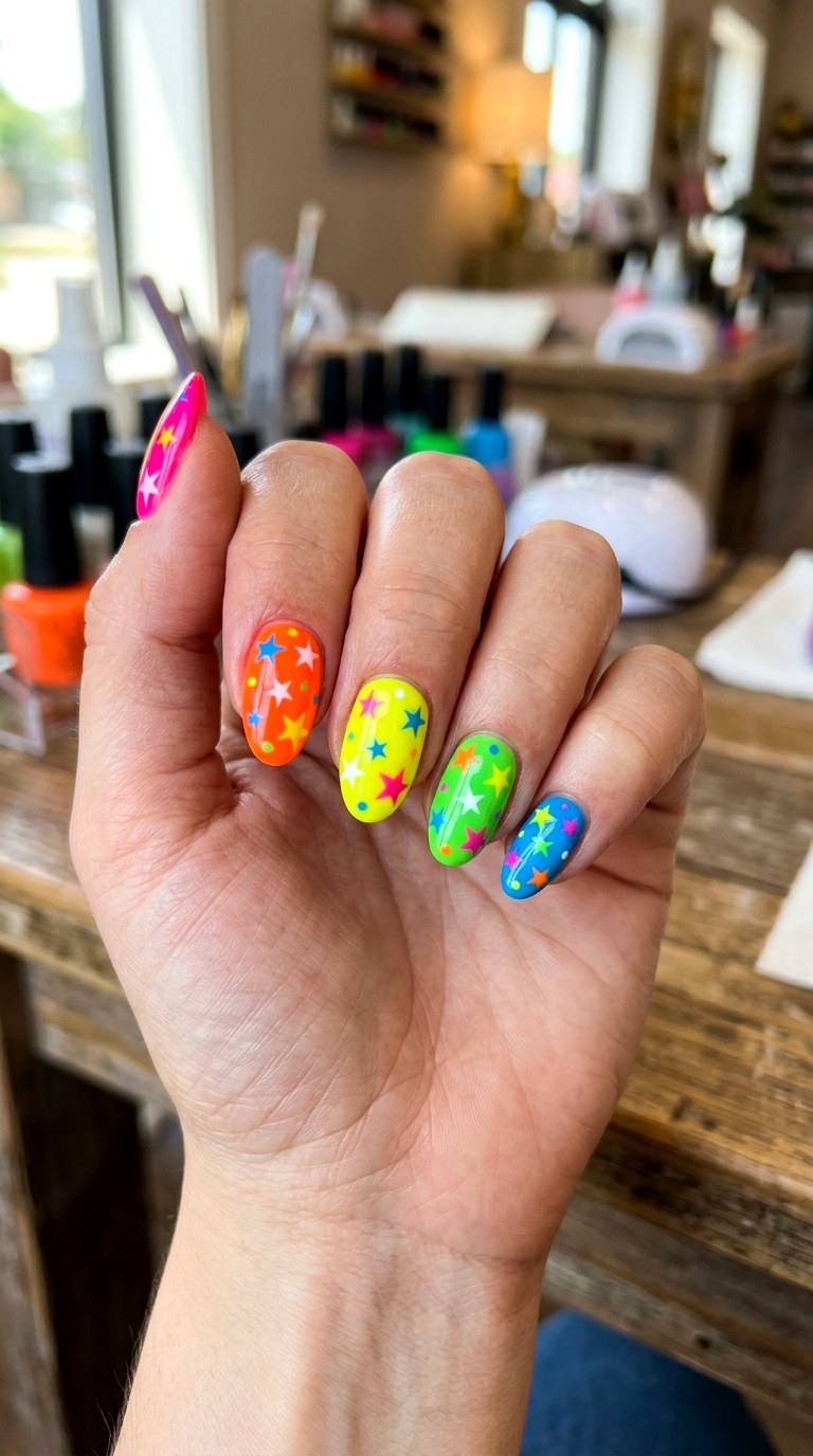 Neon Star Party Nails - 22 colorful mix and match star nail ideas