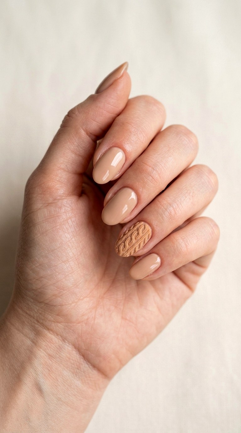 Nude Base Knit Accent Nails - 23 sweater nails fall nail art design ideas