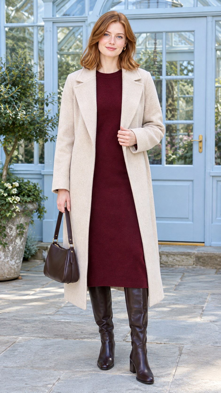 Oatmeal Coat With Burgundy Knit Dress - 20 autumn outfits 2026