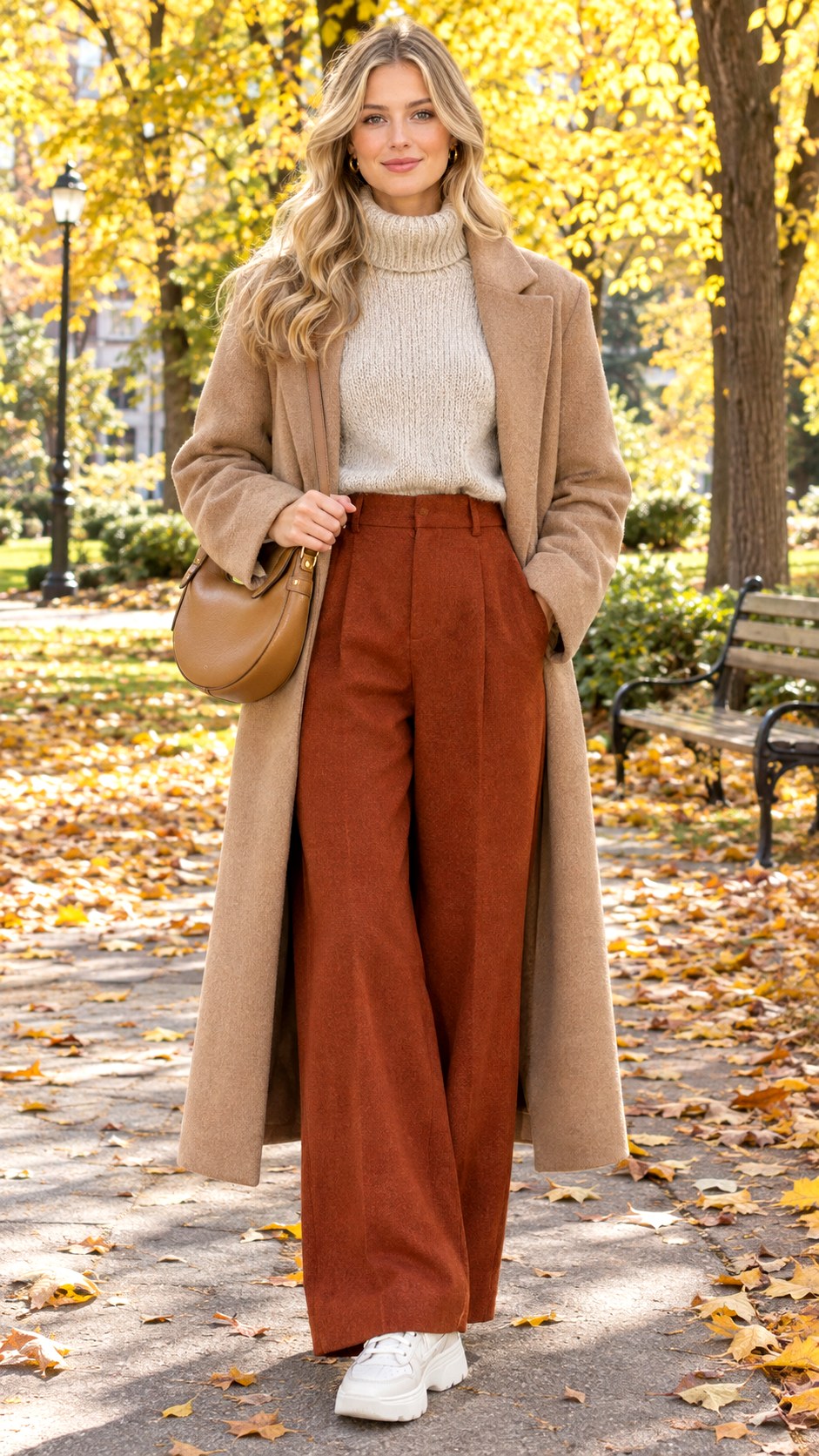 Oatmeal Turtleneck And Rust Trousers Outfit - 23 soft autumn outfit ideas