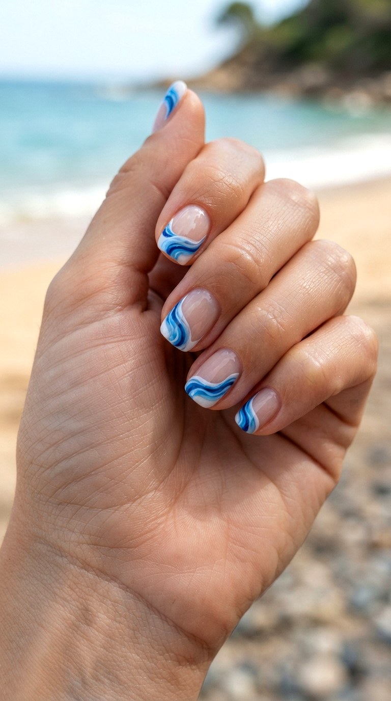 Ocean Blue French Swirls - 21 blue short nail art inspiration ideas