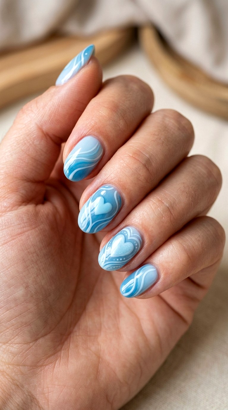 Ocean Blue Heart Accents - 21 soft blue hearts nail art inspiration ideas