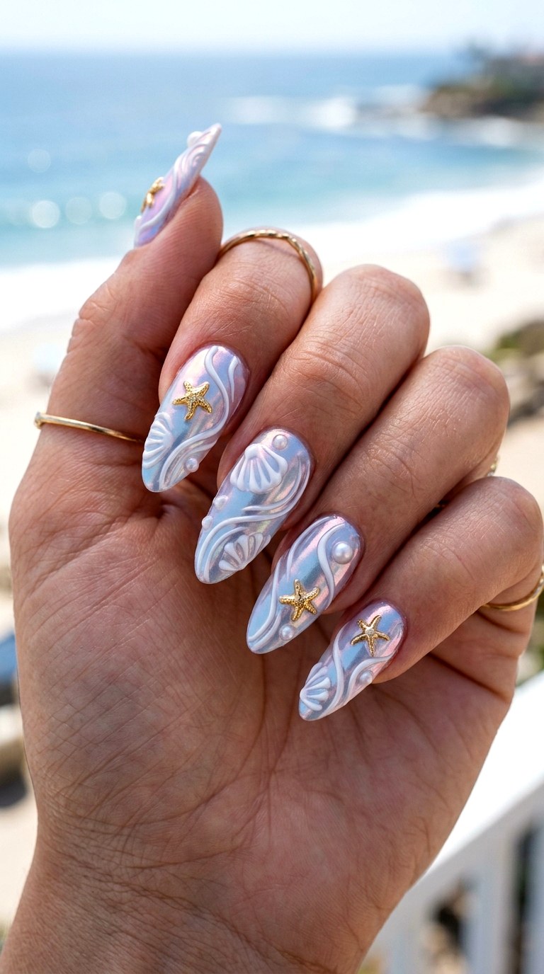 Ocean Pearl Shell Swirl Nails - 23 Iridescent Pearl and gold starfish shell nail shimmer design ideas