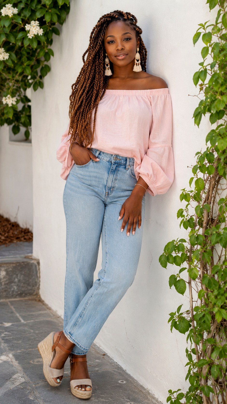 Off Shoulder Top and Light Denim Jeans - 21 Light Denim Jeans Outfit Ideas