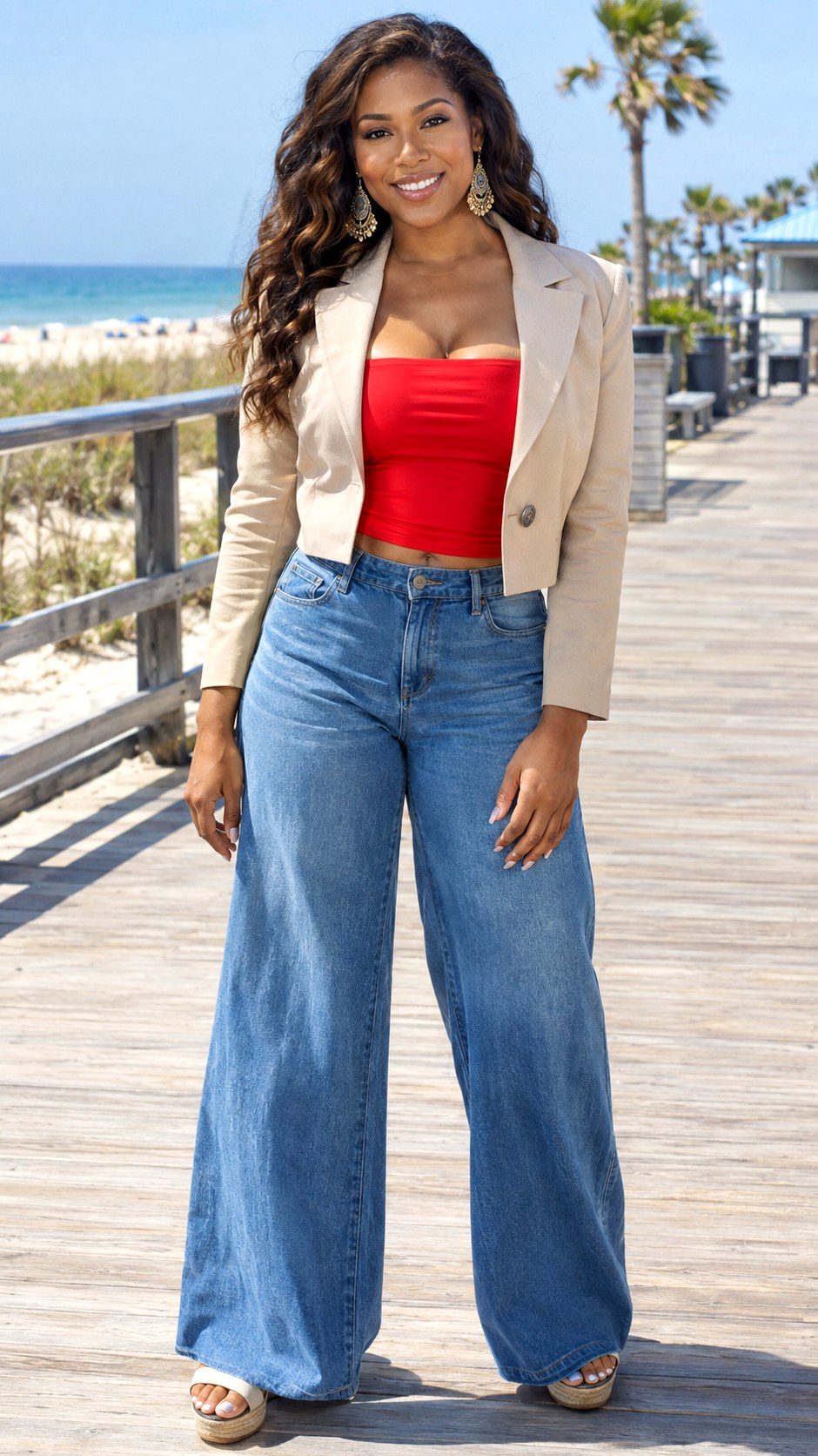 Off Shoulder Top and Wide Leg Jeans - 23 cropped blazer outfit ideas