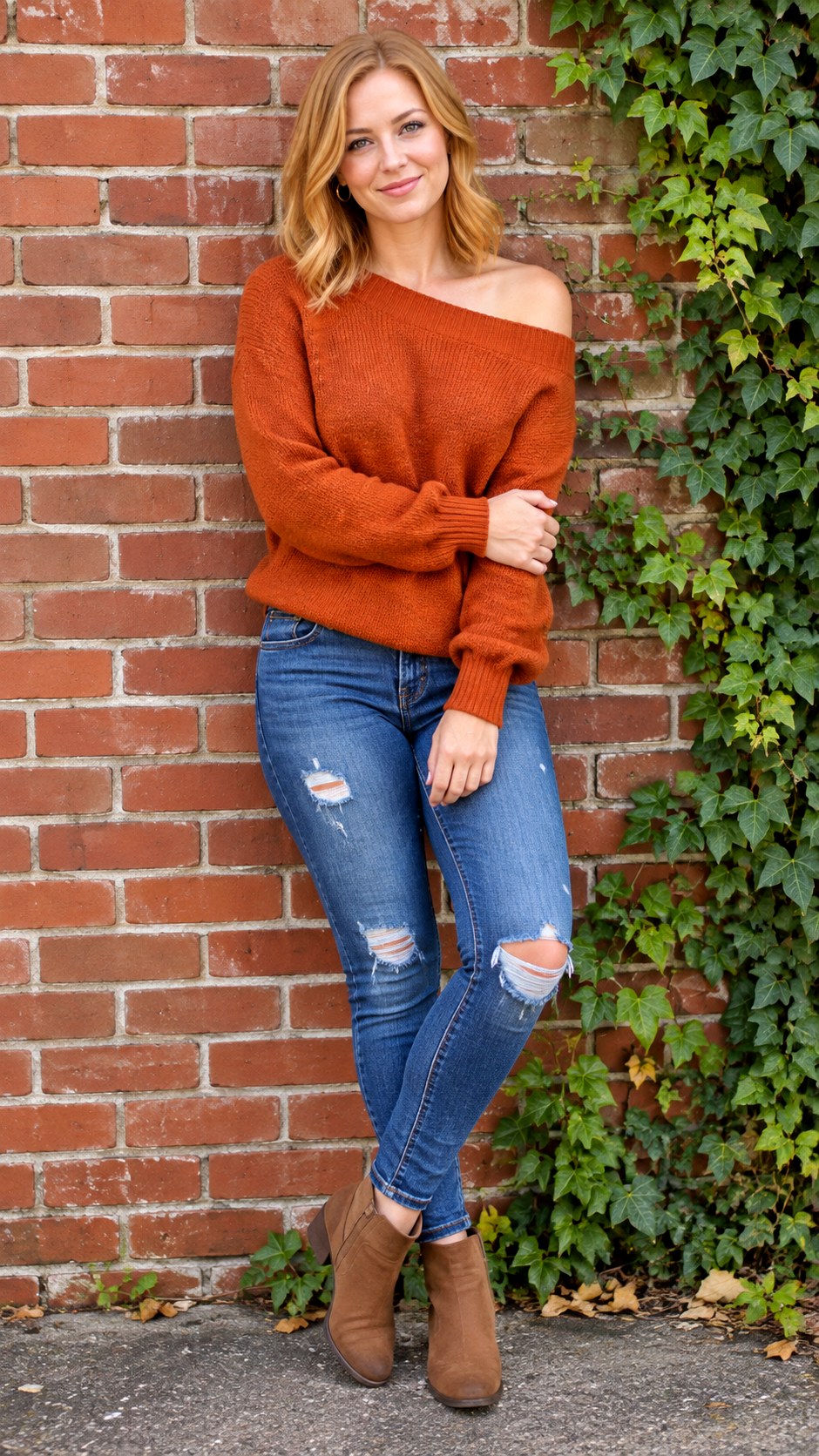 Off the Shoulder Knit and Ripped Jeans - 24 sweater and jeans outfit ideas