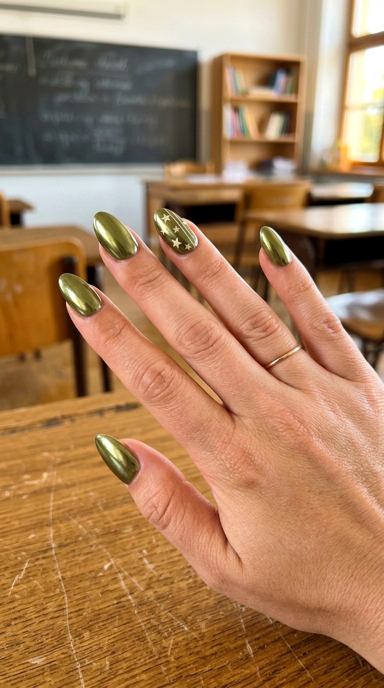 Olive Chrome School Season Nails - 23 back to school nail art inspiration ideas
