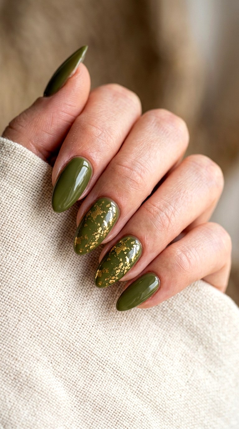 Olive Green Gold Accent Nails - 24 Green Nail ideas