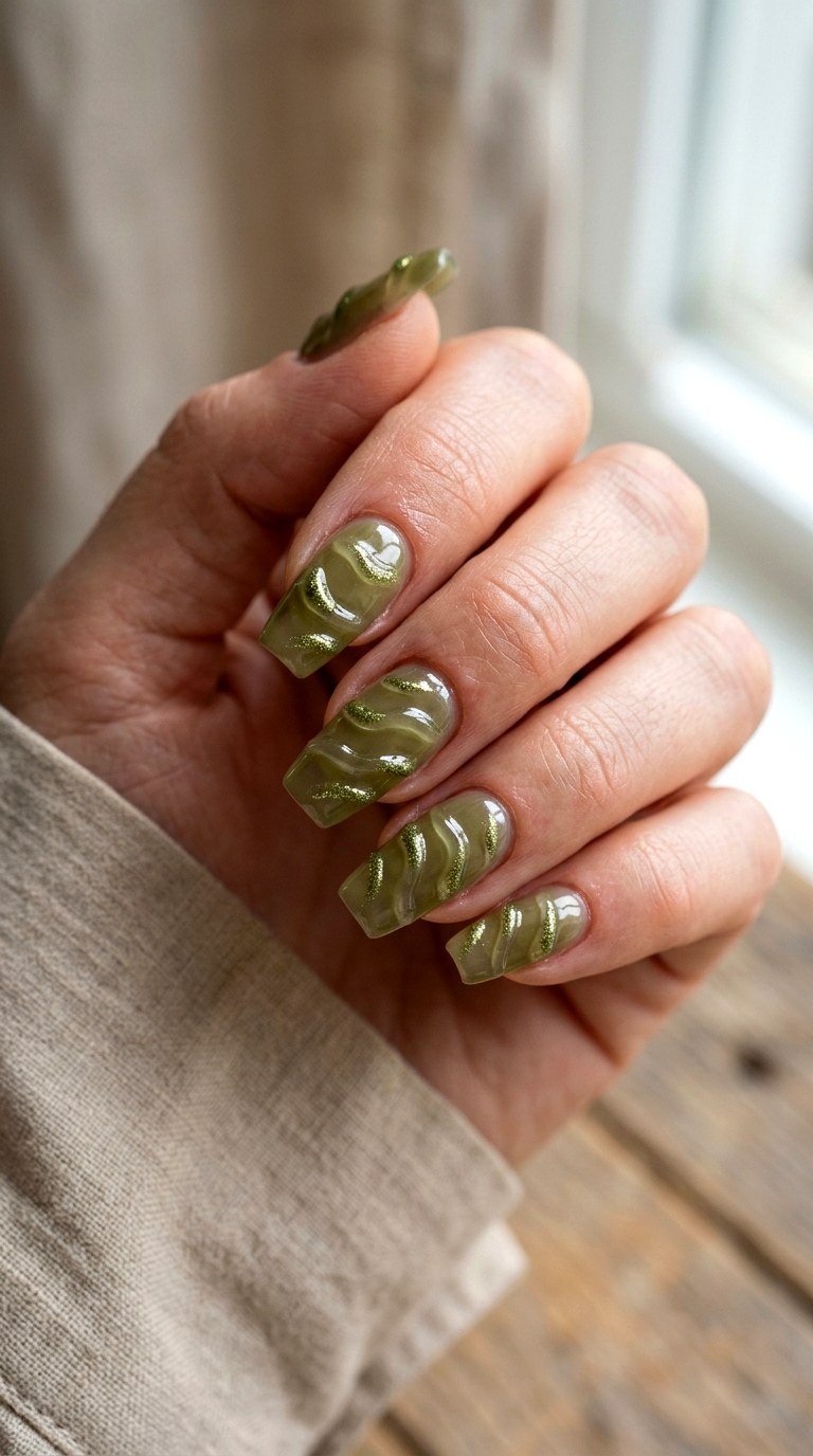 Olive Green Sculpted Waves Nails - 23 3d green ripple nail art inspiration ideas