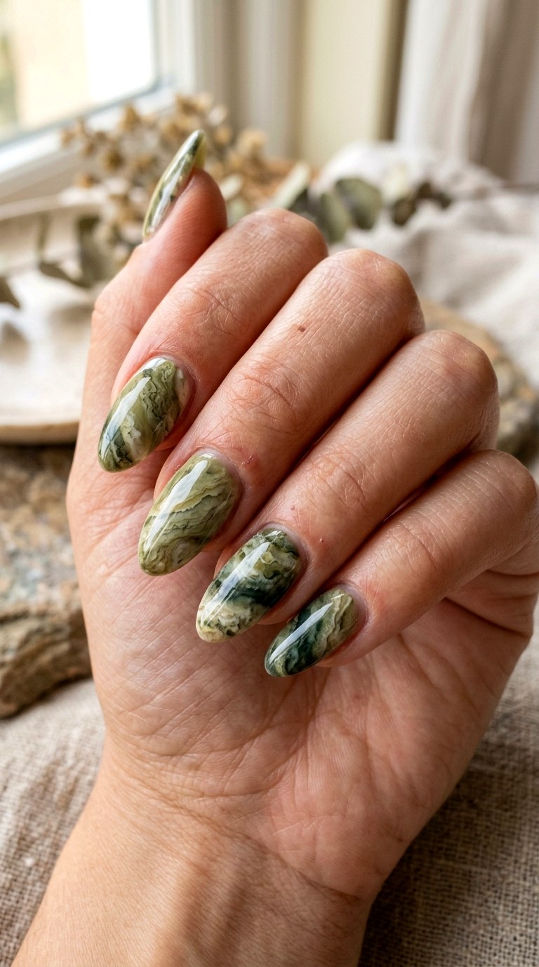 Olive Marble Stone Nails - 23 rendering green stone Nail ideas