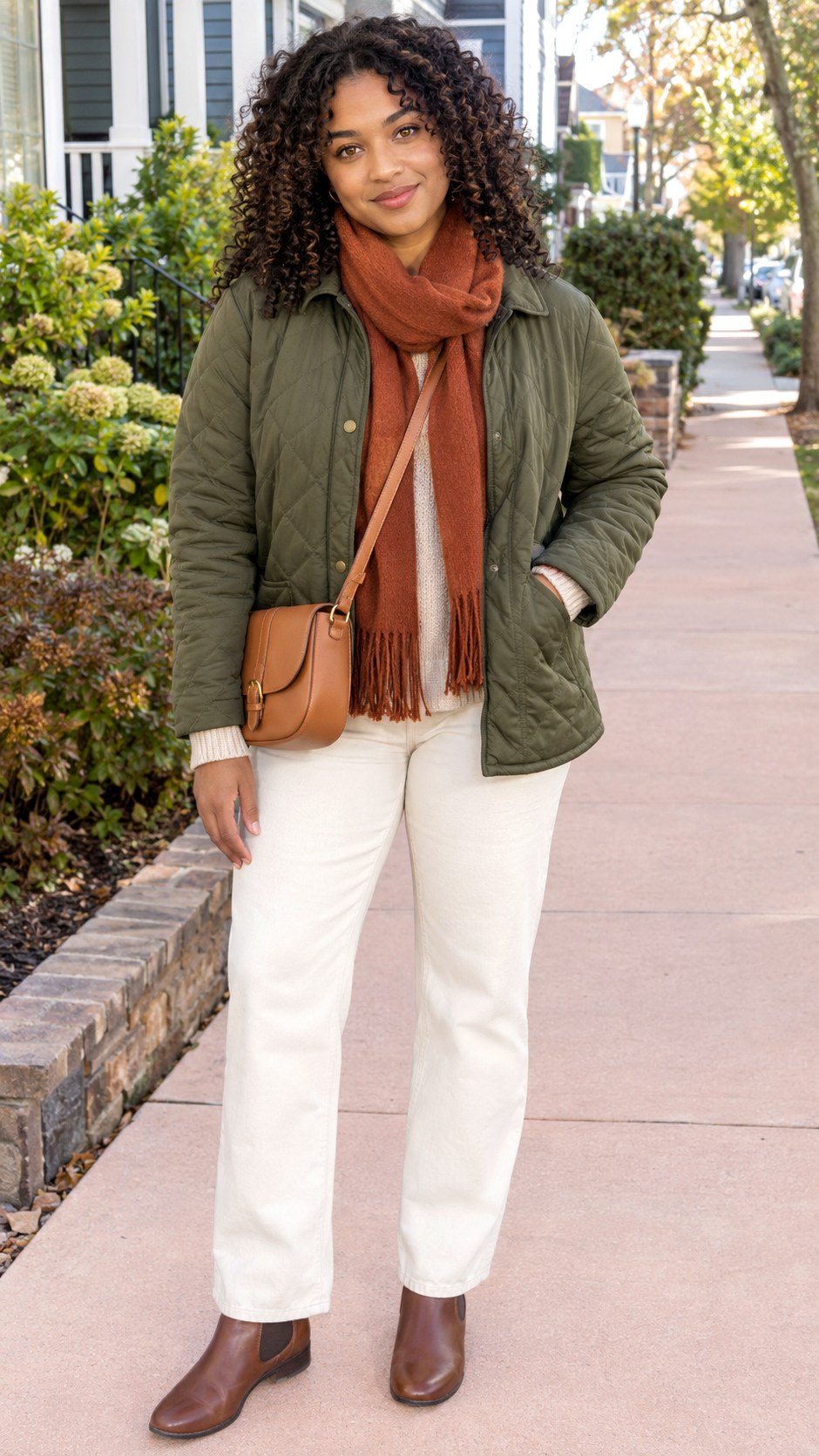 Olive Quilted Jacket With Cream Jeans - 20 warm autumn outfits