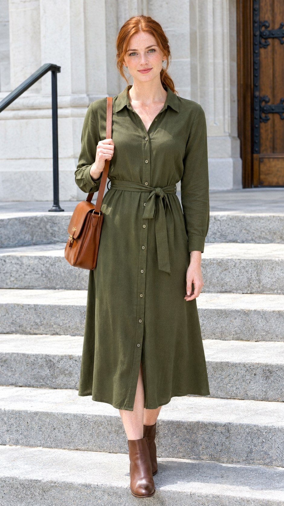 Olive Shirt Dress With Brown Boots - 20 fall church outfit ideas