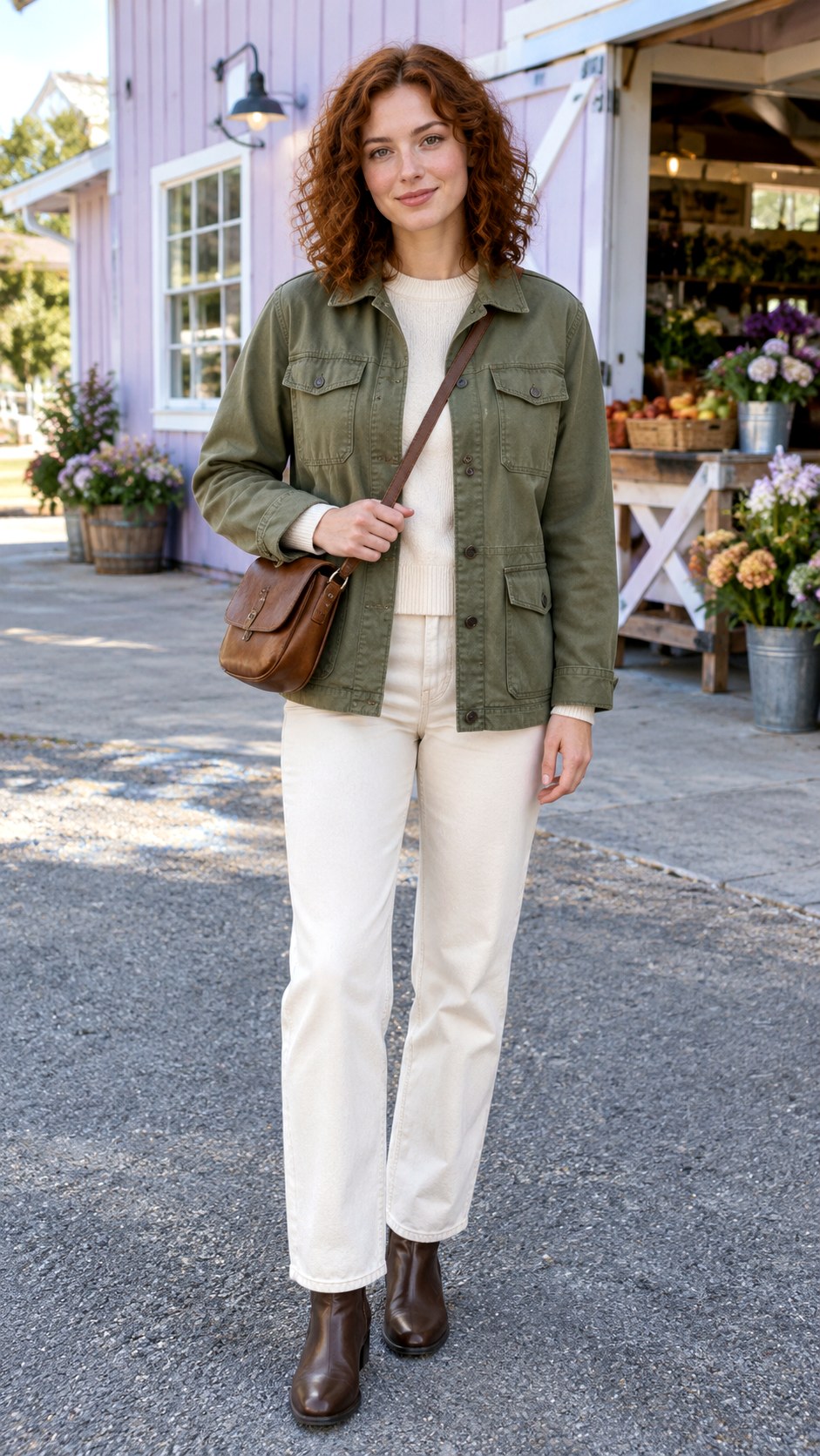 Olive Utility Jacket With Cream Jeans - 20 fall capsule wardrobe ideas