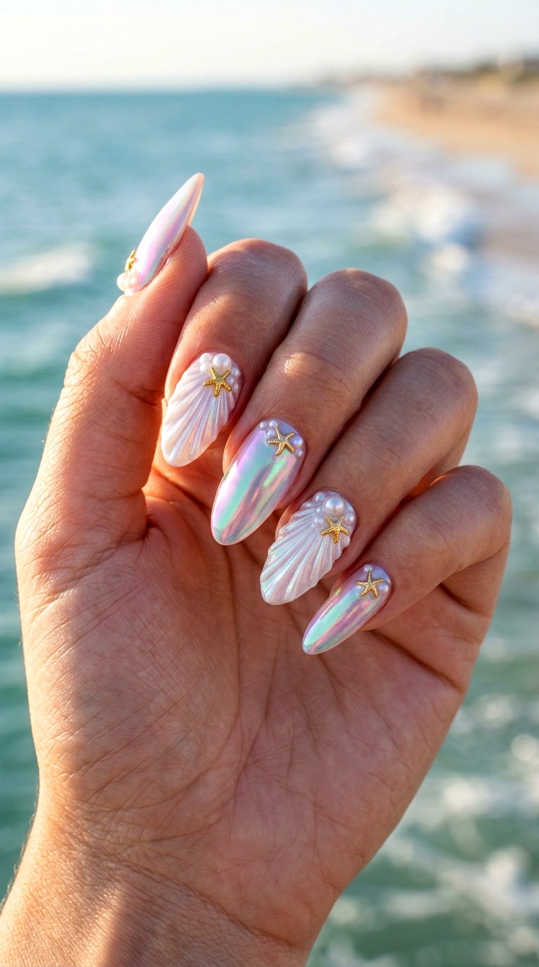 Opal Mermaid Starfish Nails - 23 Iridescent Pearl and gold starfish shell nail shimmer design ideas