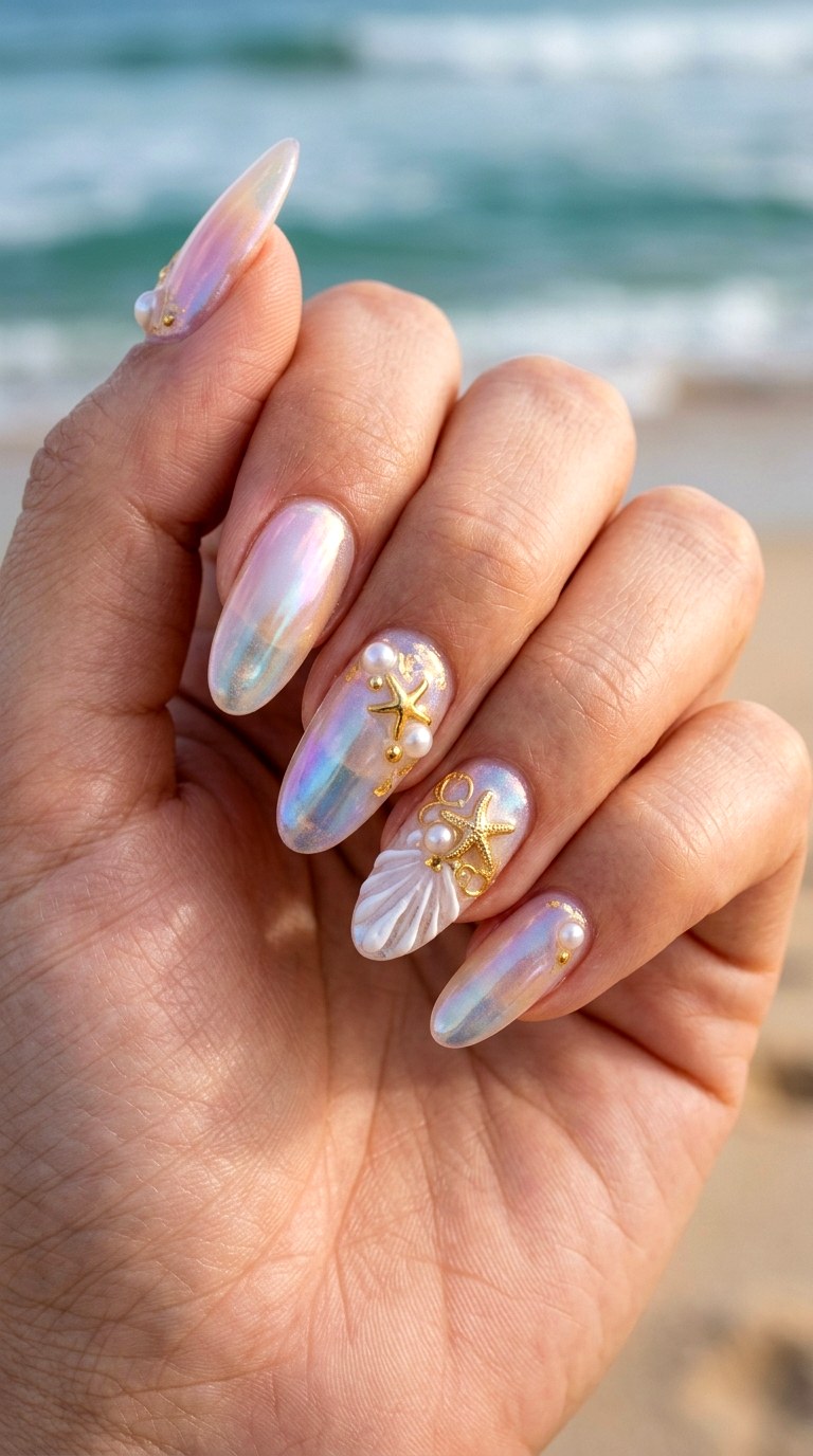 Opal Shell and Gold Charm Nails - 23 Iridescent Pearl and gold starfish shell nail shimmer design ideas