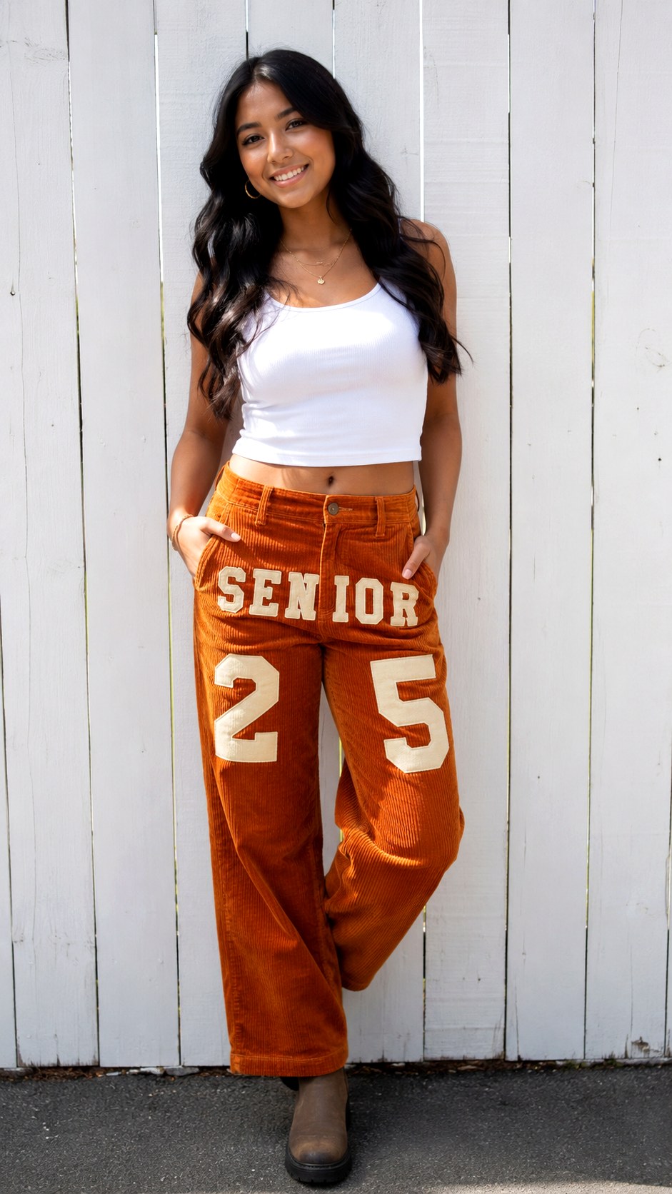 Orange Corduroy and Cream - 25 varsity font stenciled senior pants