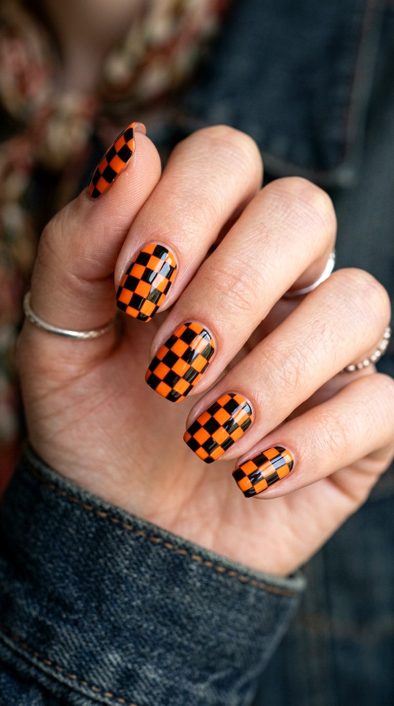 Orange and Black Checkerboard Nails - 21 cute halloween nail ideas