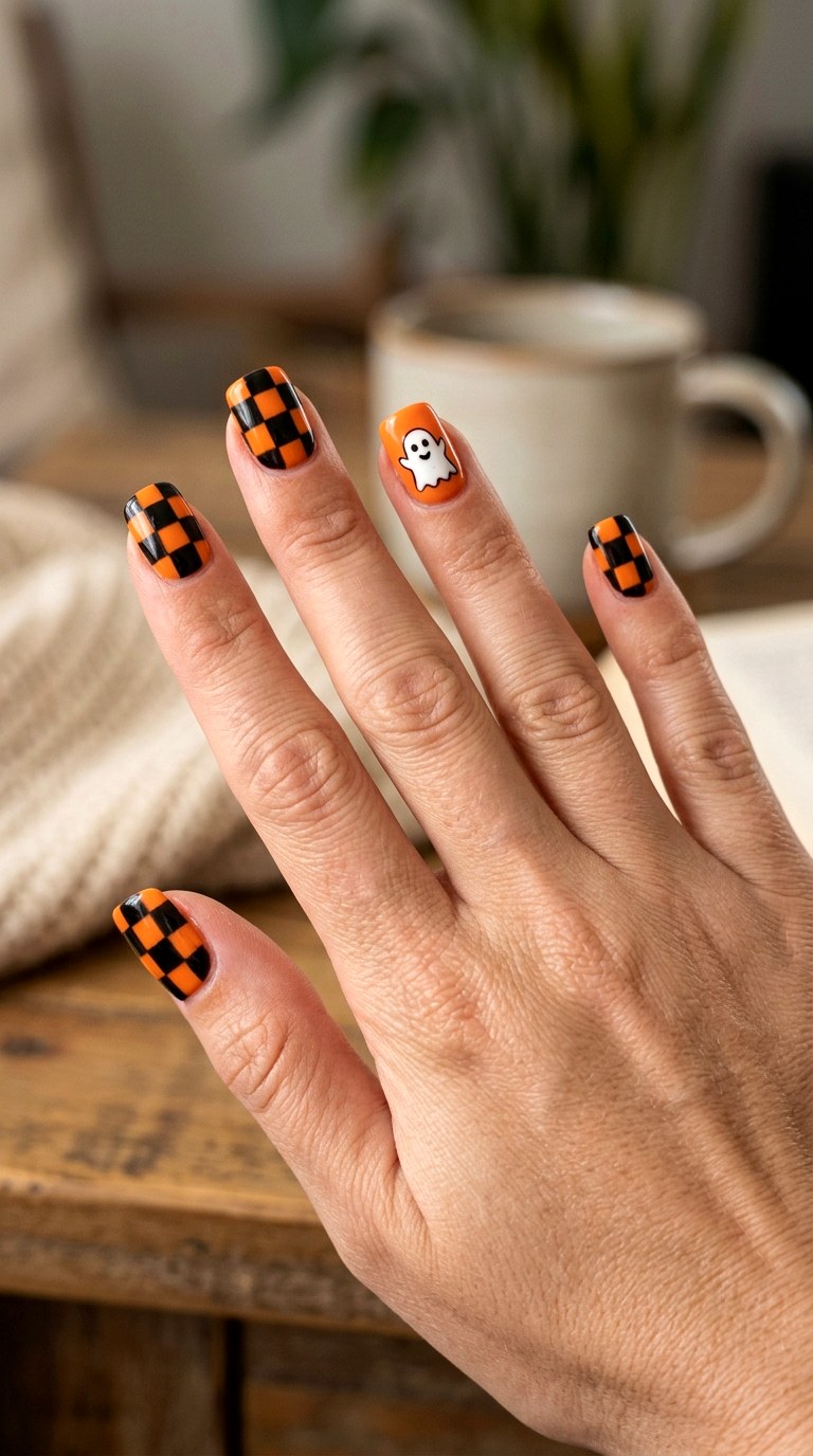 Orange and Black Checkerboard Nails - 25 spooky nail ideas
