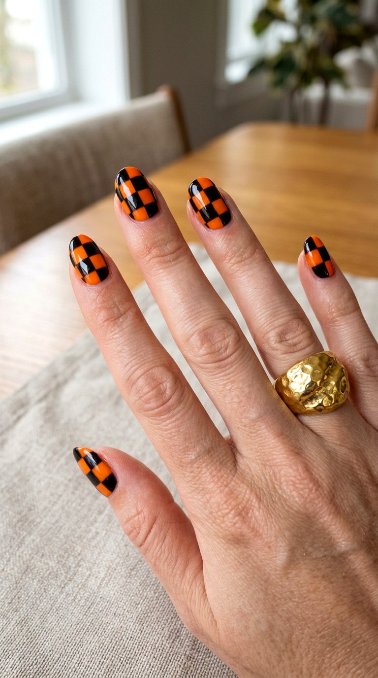 Orange and Black Checkerboard Nails - 20 easy halloween nail ideas