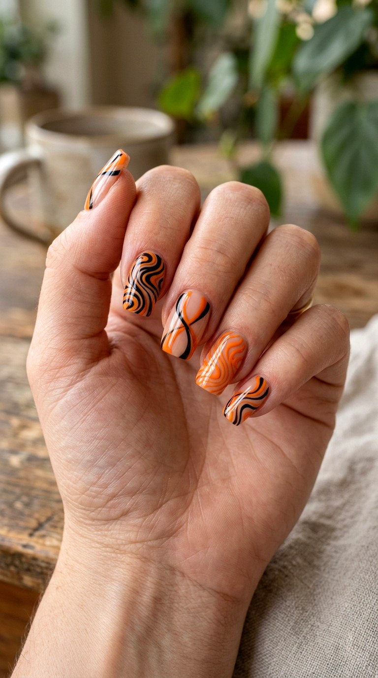 Orange and Black Swirl Nails - 23 simple halloween nail design ideas