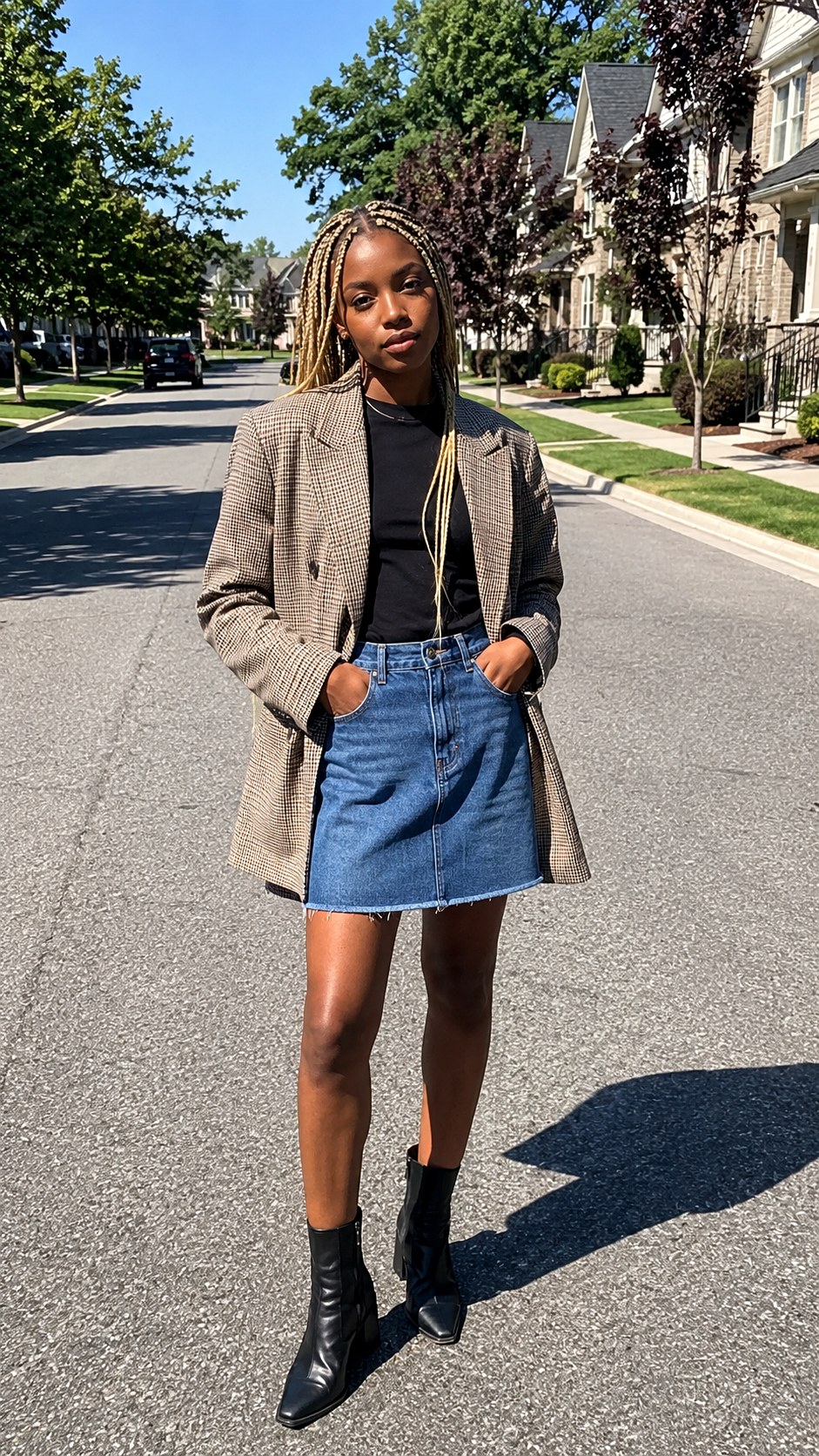 Oversized Check Blazer and Denim Skirt - 24 blazer casual outfits  ideas